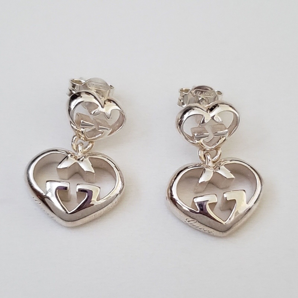 GUCCI Sterling Silver Love Britt Double G Heart Drop Earrings - Picture 2 of 7
